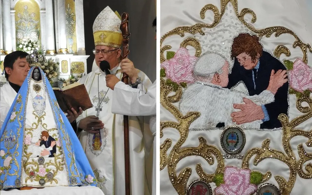 Obispo bendijo una imagen de la Virgen María que lleva un manto con la imagen de Javier Milei y el Papa Francisco