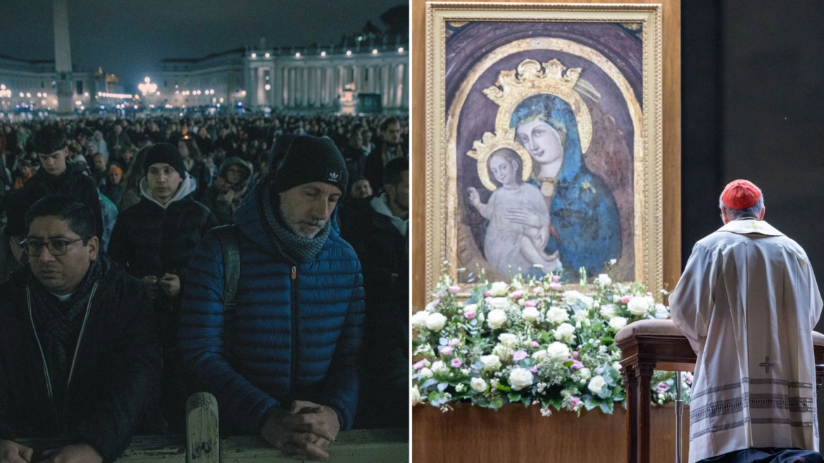 Encomiendan al Papa Francisco a María: Cardenales y fieles rezan el Rosario por su salud